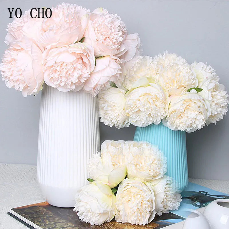 YO CHO 5pc Big Peony Artifcial Silk Flower Wedding Bouquet Decor White Peony Home Display Fake Flower Pack Heart Peony Pink Rose