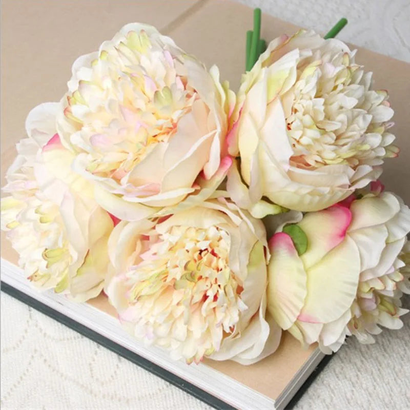 YO CHO 5pc Big Peony Artifcial Silk Flower Wedding Bouquet Decor White Peony Home Display Fake Flower Pack Heart Peony Pink Rose