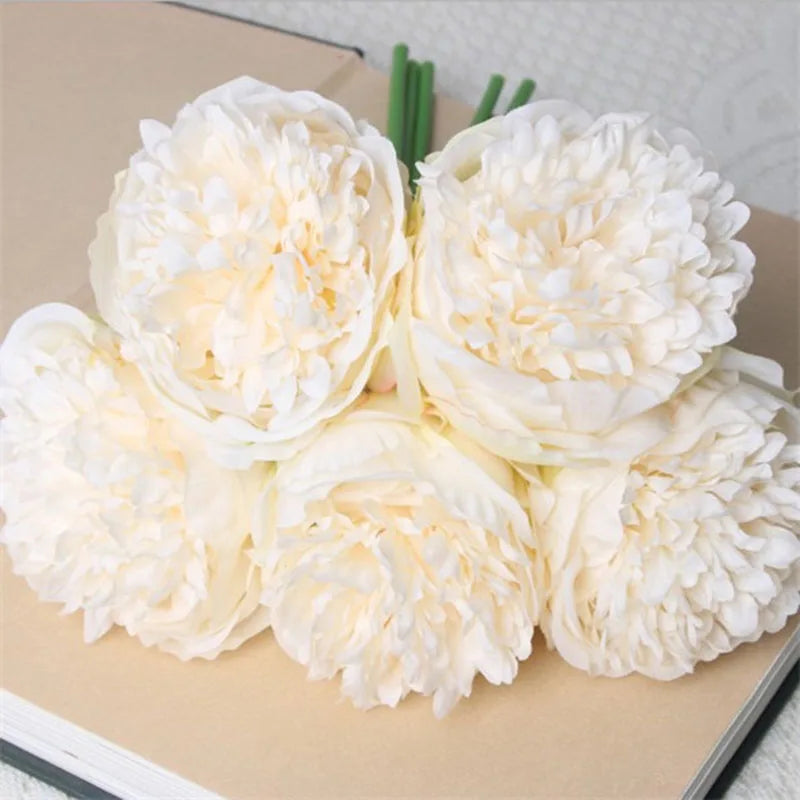 YO CHO 5pc Big Peony Artifcial Silk Flower Wedding Bouquet Decor White Peony Home Display Fake Flower Pack Heart Peony Pink Rose