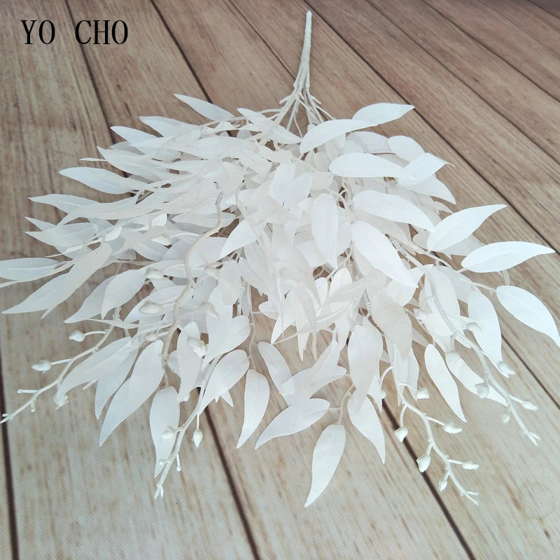 YO CHO Artificial White Flower Plant Wedding Bouquet Decoration Silk Flower Home Vase Decor Willow Leaf Green Grass Fake Flowers