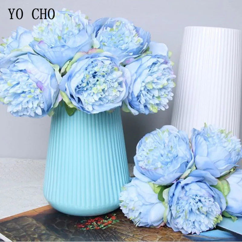 YO CHO 5pc Big Peony Artifcial Silk Flower Wedding Bouquet Decor White Peony Home Display Fake Flower Pack Heart Peony Pink Rose