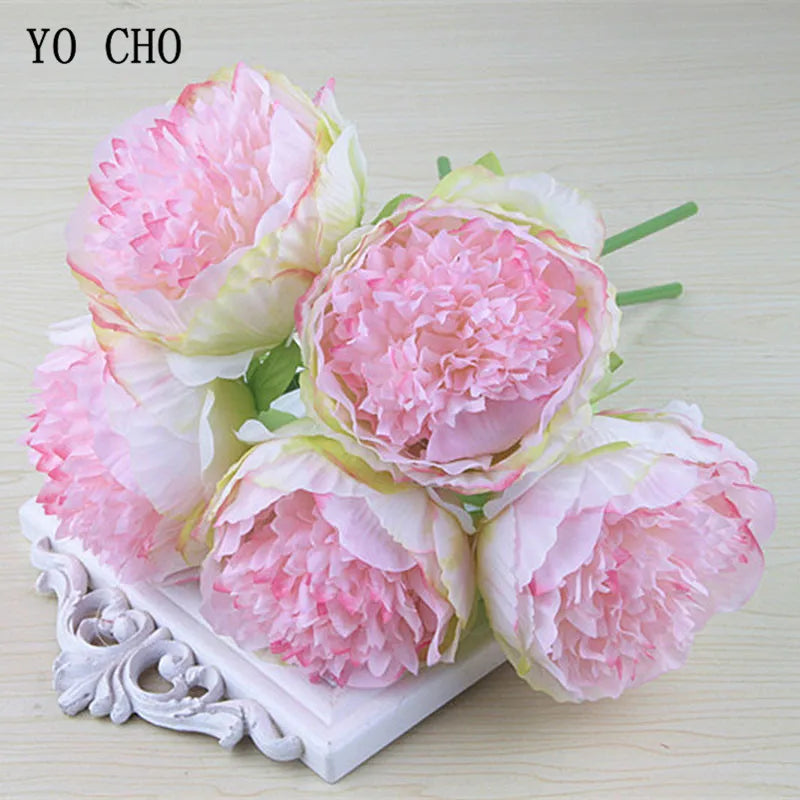 YO CHO 5pc Big Peony Artifcial Silk Flower Wedding Bouquet Decor White Peony Home Display Fake Flower Pack Heart Peony Pink Rose