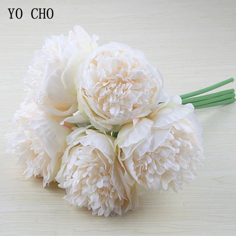 YO CHO 5pc Big Peony Artifcial Silk Flower Wedding Bouquet Decor White Peony Home Display Fake Flower Pack Heart Peony Pink Rose