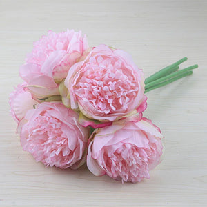 YO CHO 5pc Big Peony Artifcial Silk Flower Wedding Bouquet Decor White Peony Home Display Fake Flower Pack Heart Peony Pink Rose