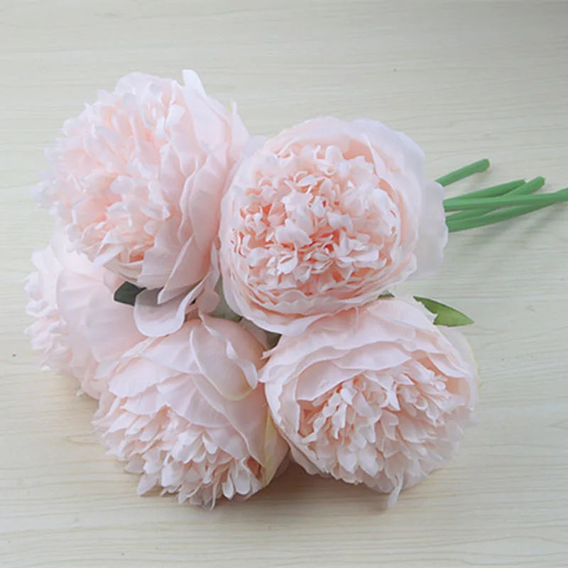 YO CHO 5pc Big Peony Artifcial Silk Flower Wedding Bouquet Decor White Peony Home Display Fake Flower Pack Heart Peony Pink Rose