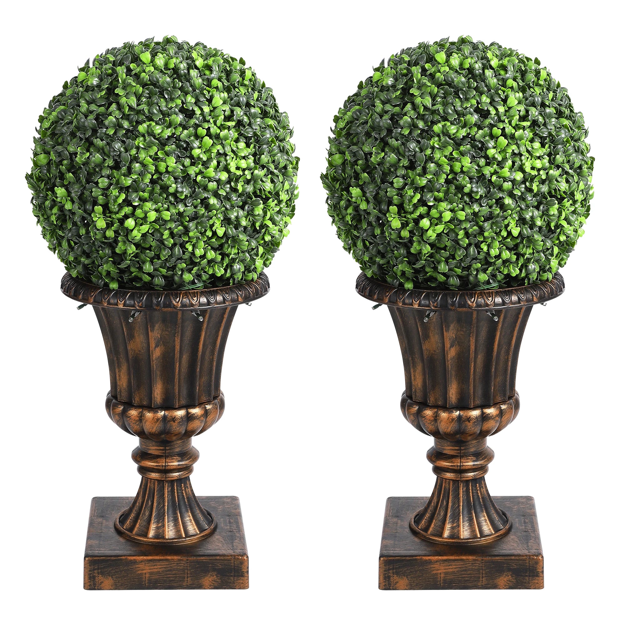 2 PCS 24” Artificial Plant Topiary Ball with Pot, Faux Boxwood Balls with LED, Topiary Balls Artificial Outdoor