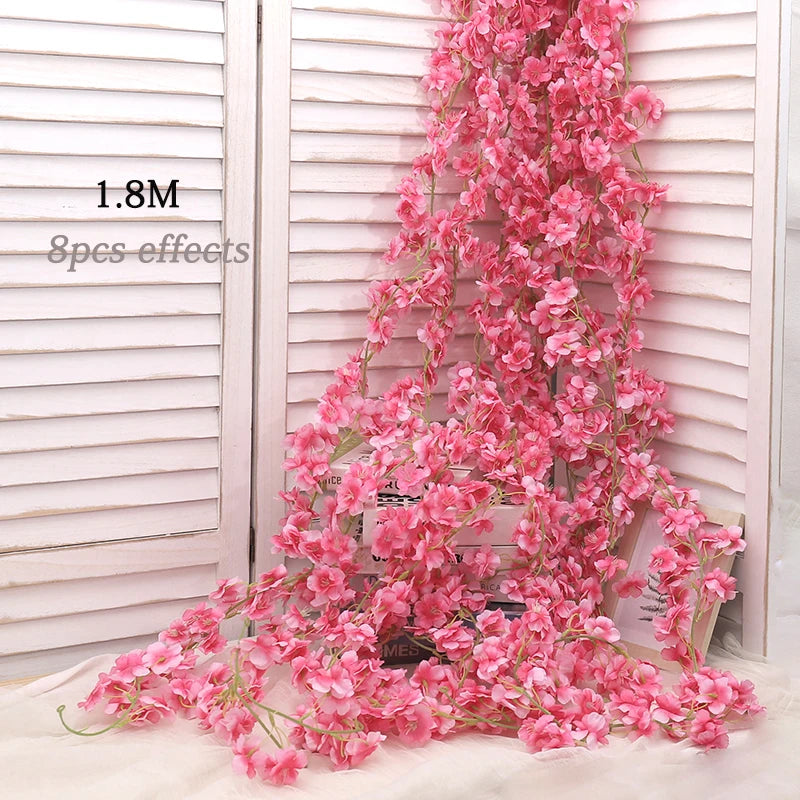 180CM Artificial Sakura Flowers Vine Wedding Garden Rose Arch Home Party Decoration Christmas Bridal Fake Silk Scrapbook Plants