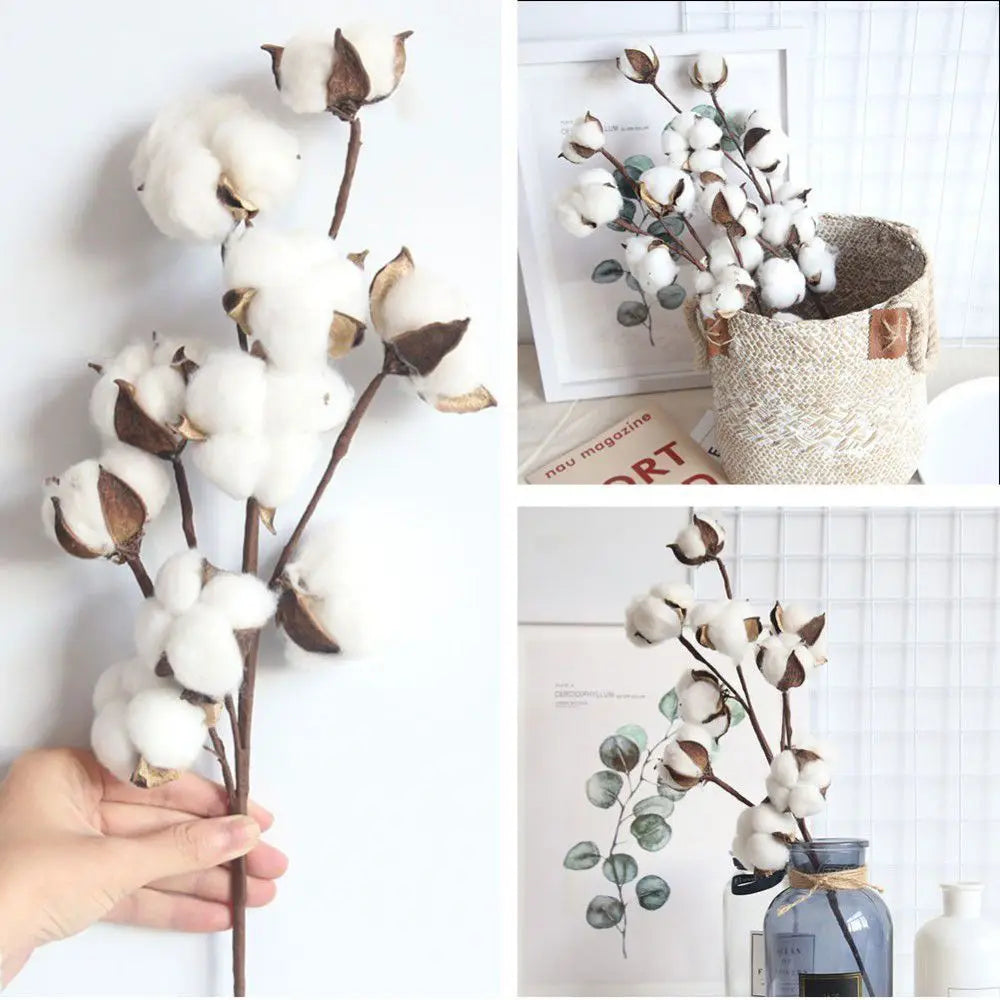 1 PCS 10 Heads Dried Cotton Flower Simple Handmade Artificial Plants Creative Natural False Floral Branch