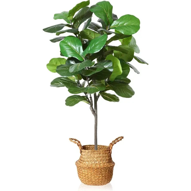 Artificial Fiddle Leaf Fig Tree 50" Fake Potted Ficus Lyrata Plant with Handmade Seagrass Basket, Perfect Faux Plants Home