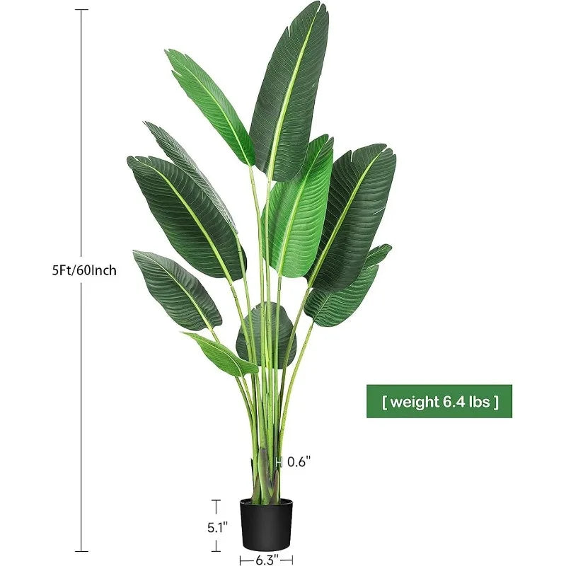 Tree Bird of Paradise Artificial Plant, 60 Inches Artificial Faux Banana Leaf Plants with Pot, 5ft Artificial Standing Plants