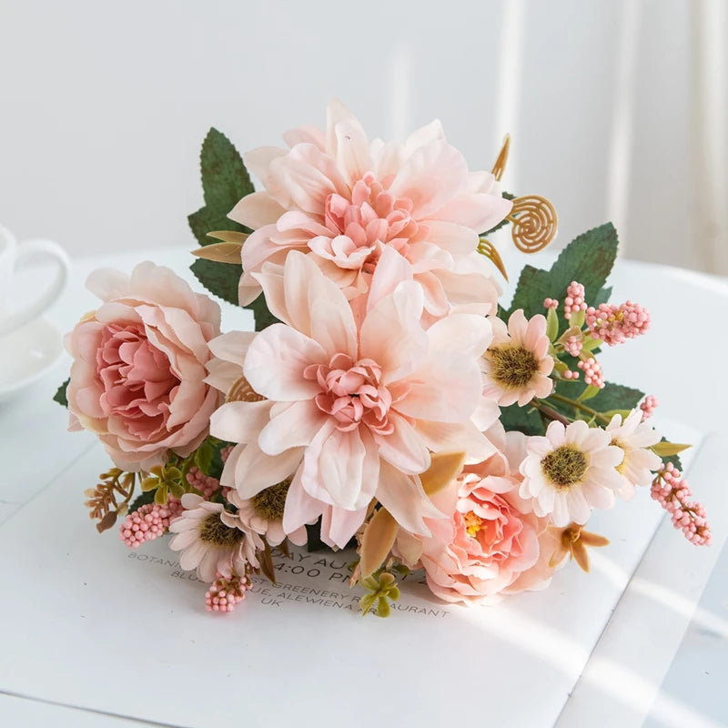 1Pc Hot sale Artificial Flower Silk Dahlia Rose daisy Christmas Home Decoration Bonsai Room Wedding Bridal Bouquet Party Diy box