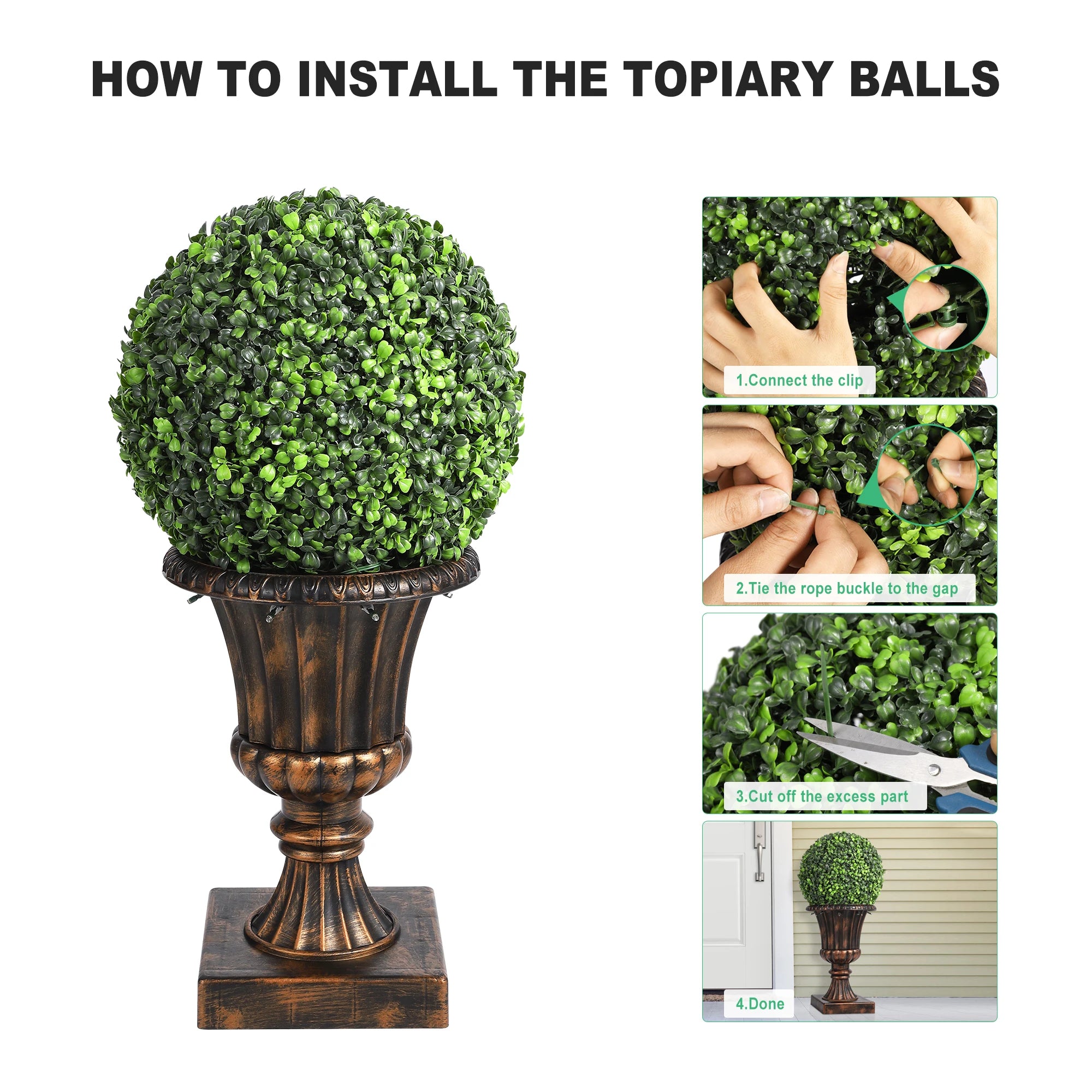 2 PCS 24” Artificial Plant Topiary Ball with Pot, Faux Boxwood Balls with LED, Topiary Balls Artificial Outdoor