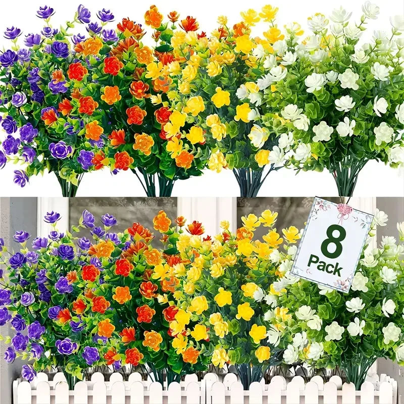 8pcs, Anti-UV Artificial Flowers for Home  Garden Decor - Realistic Simulation Floral Bouquets and Shrubs for Porch Outdoor Use