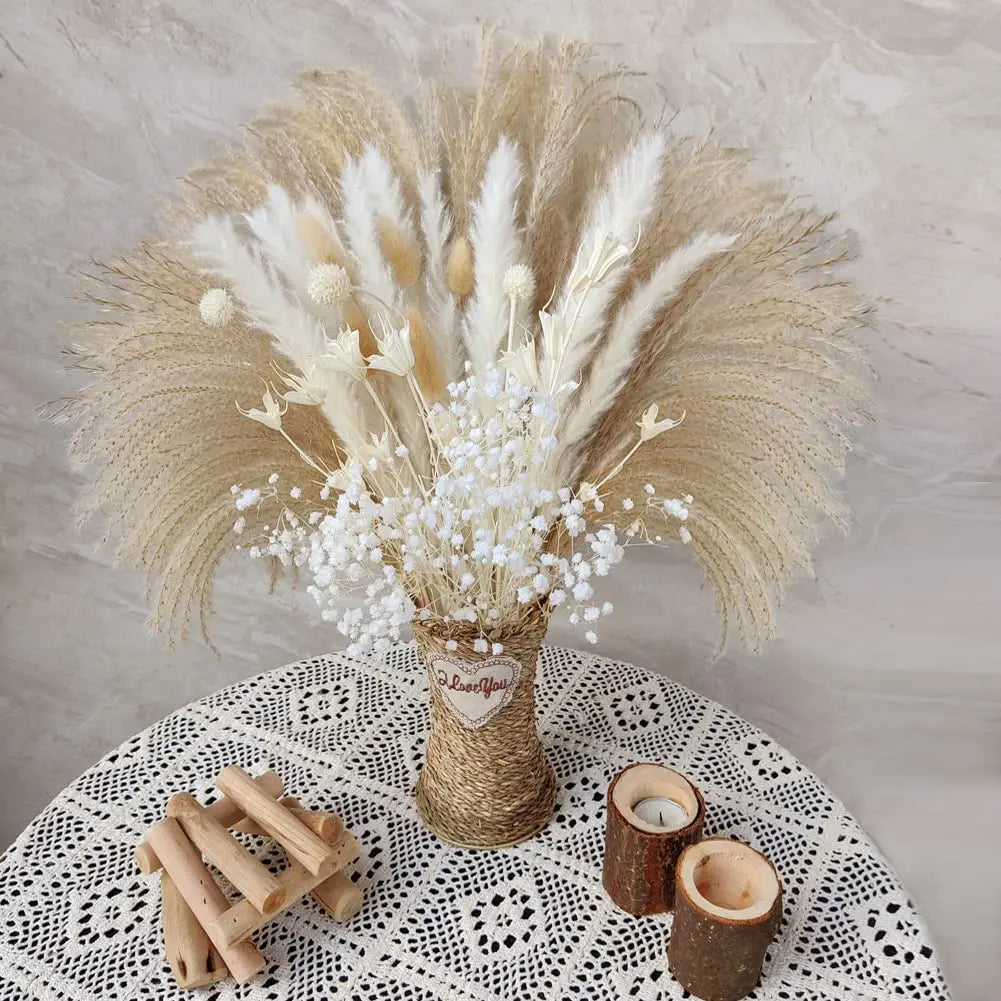 80pcs Pampas Grass Flowers Set,Dried Plants Bouquet Arrangement,100% Natural Dry Flowers Boho Decoration,Living Room Vases Decor