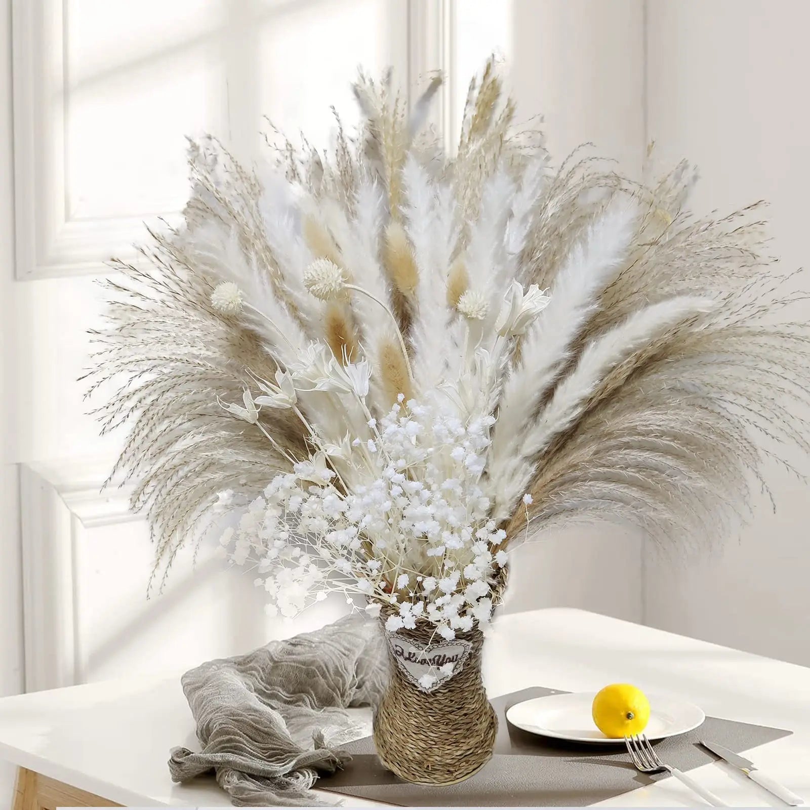 80pcs Pampas Grass Flowers Set,Dried Plants Bouquet Arrangement,100% Natural Dry Flowers Boho Decoration,Living Room Vases Decor