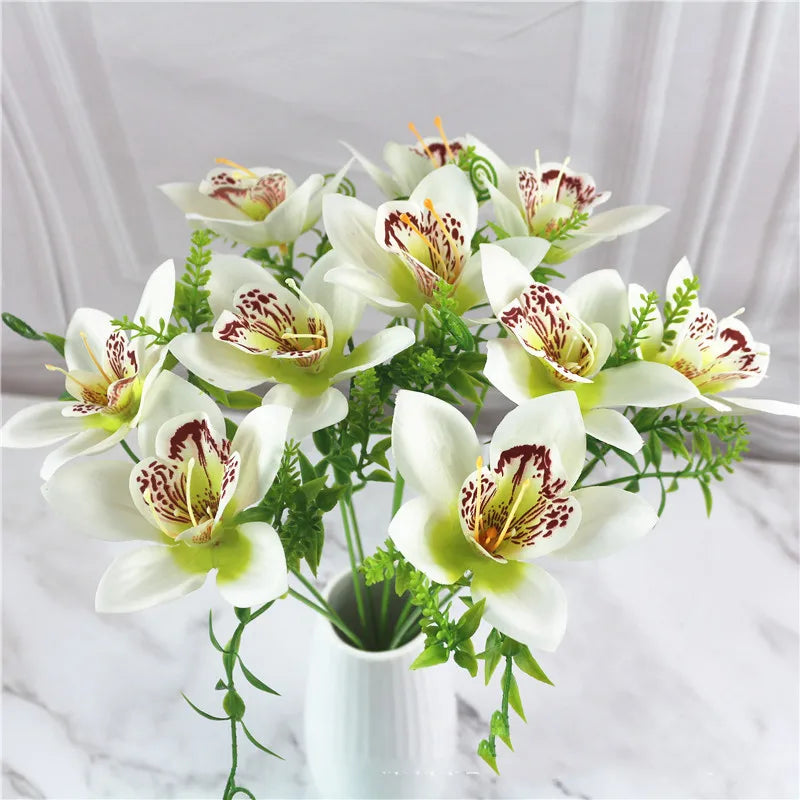 10Pcs/Bouquet Artificial Orchid Flore White Silk Fake Orchid Flower DIY Wedding Back Road Home Desk Vase Accessories Faux Flores