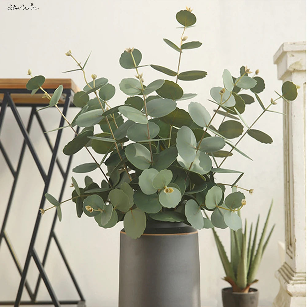 SunMade 2 Forks Long Branch Eucalyptus Real Touch Artificial Flower Living Room Table Decoration Artificial Leaves Fake Plants