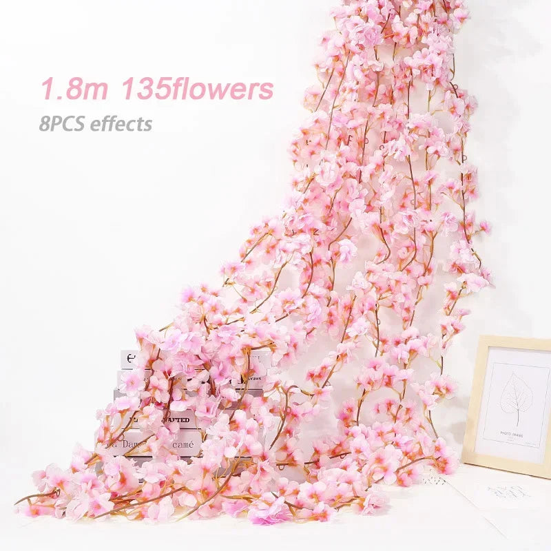 180cm Artificial Flowers Cherry Blossom Sakura Garland Wedding Arch Garden Backdrop Home Party Decoration Silk Fake Plants Vine