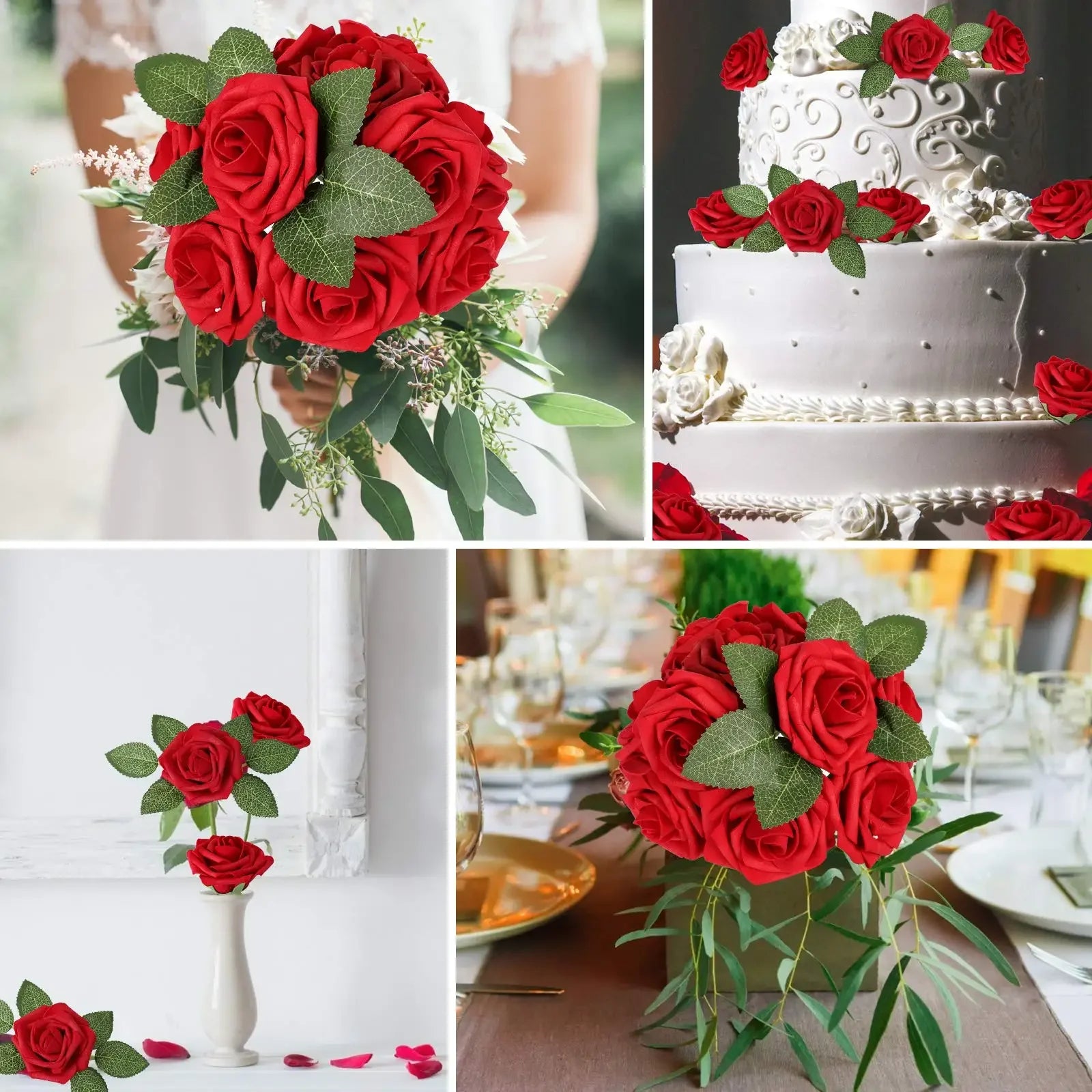 25/10PCS Artificial Flowers Red Rose Real Looking Fake Roses W/Stem for DIY Wedding Bouquets Party Christmas Home Decorations