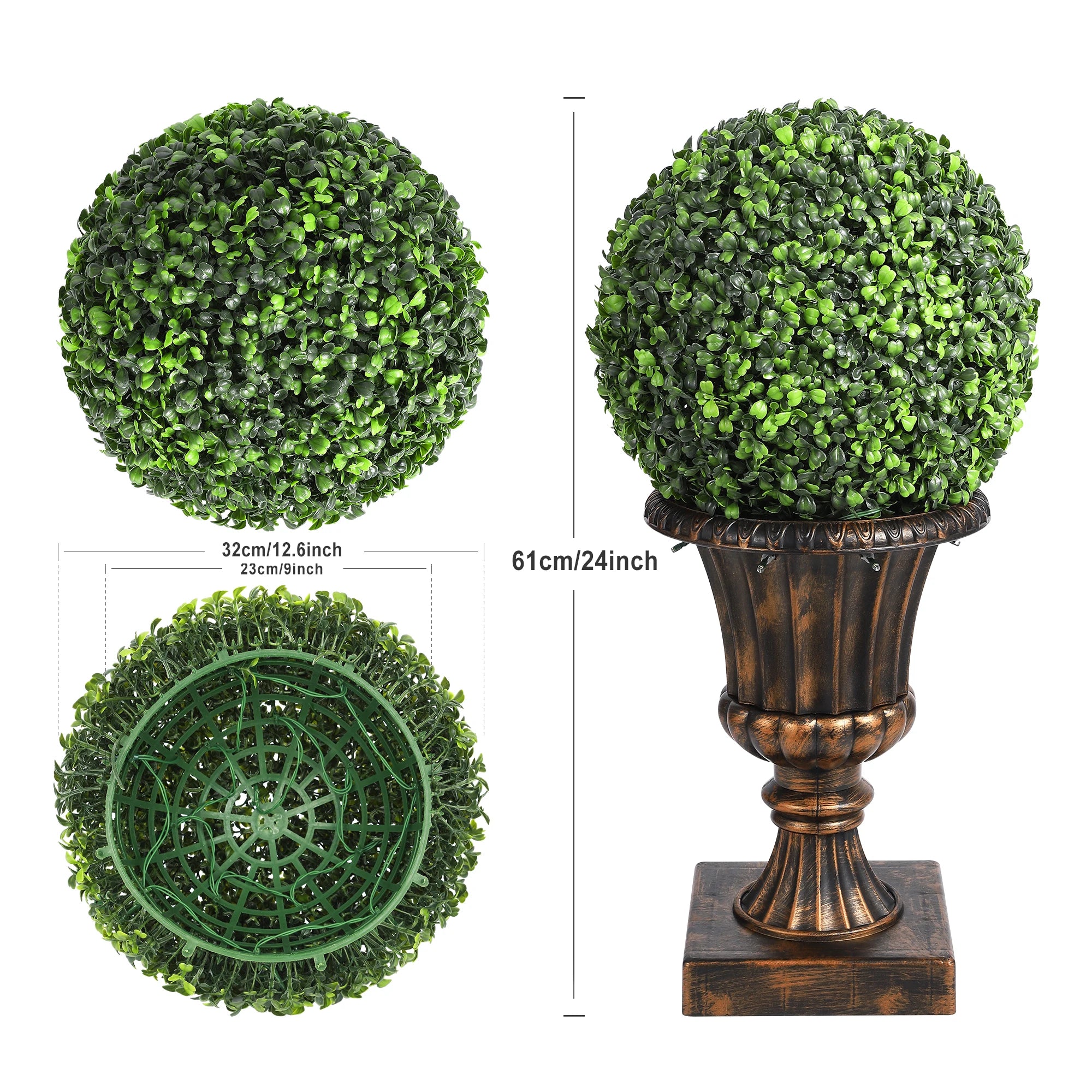 2 PCS 24” Artificial Plant Topiary Ball with Pot, Faux Boxwood Balls with LED, Topiary Balls Artificial Outdoor